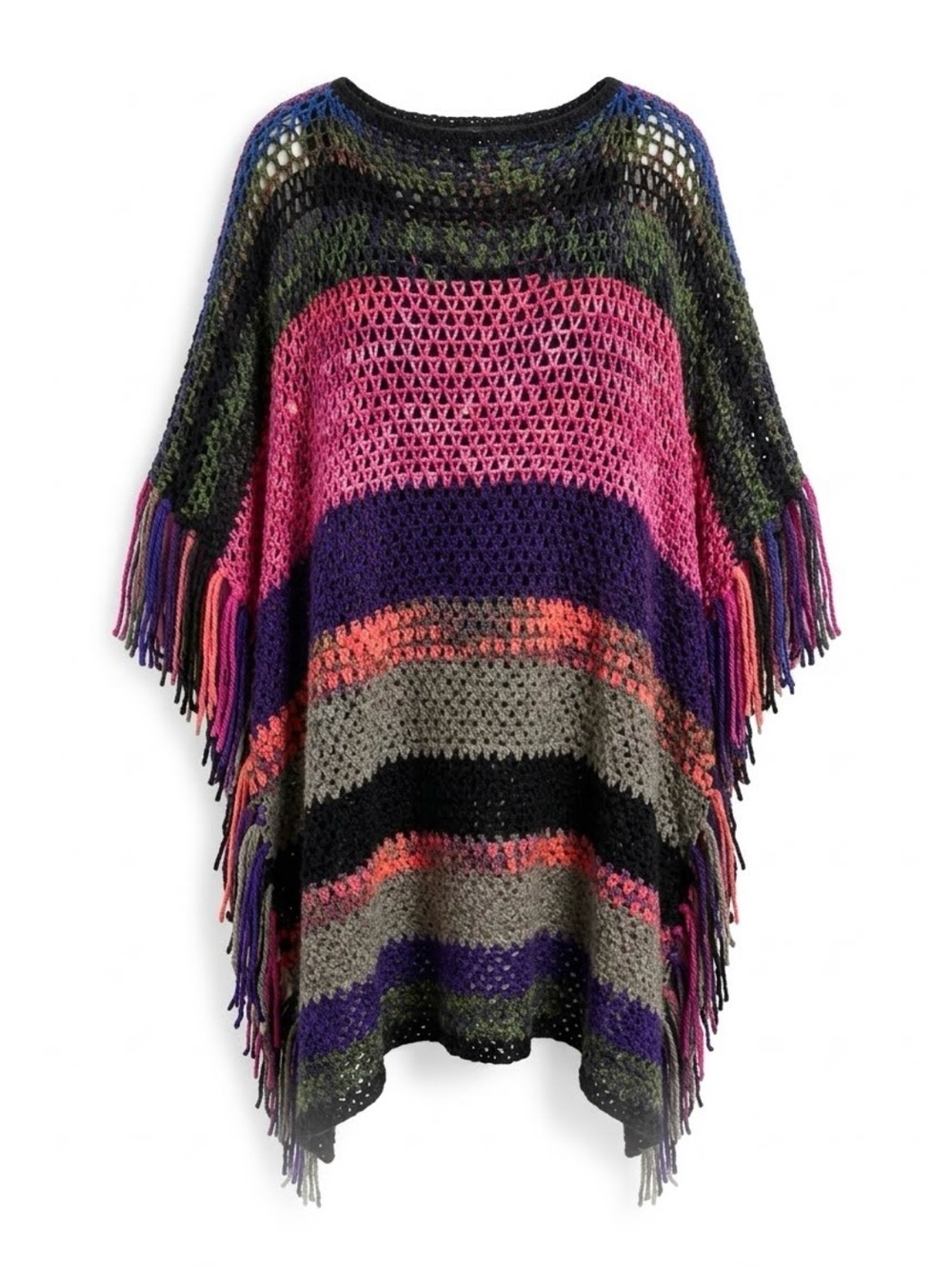 Hand Made Open-Knit Fringe Poncho Sweater in Pink, Purple & Black - One Size